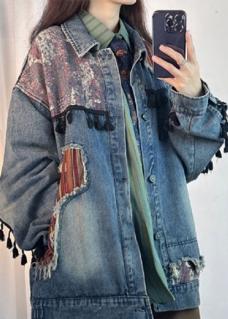 Original Bleu Poches À Glands Patchwork Vestes En Jean Printemps