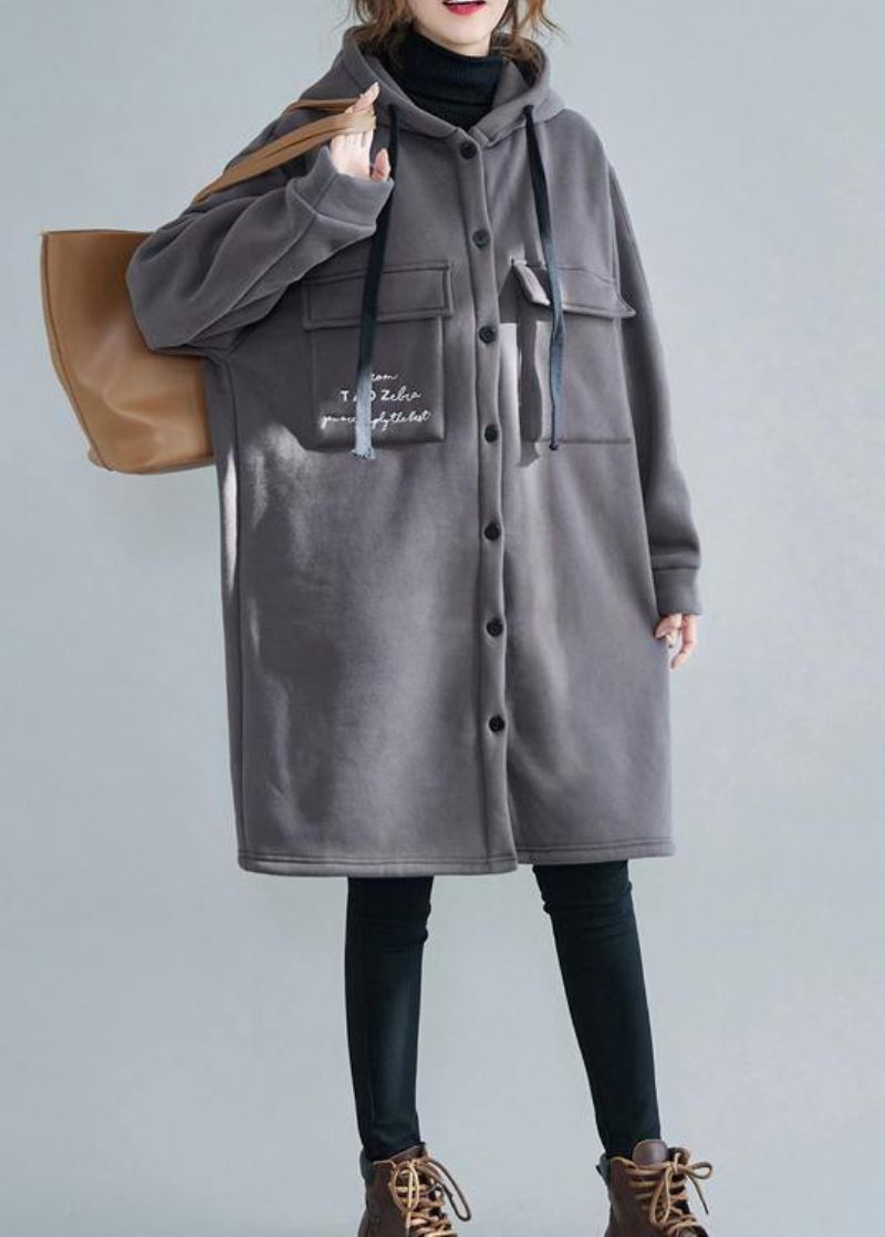 Parka Avec Broderie Fine Grise Pour Femme Veste D'hiver Surdimensionnée Poches À Capuche Vêtements D'extérieur - Gris