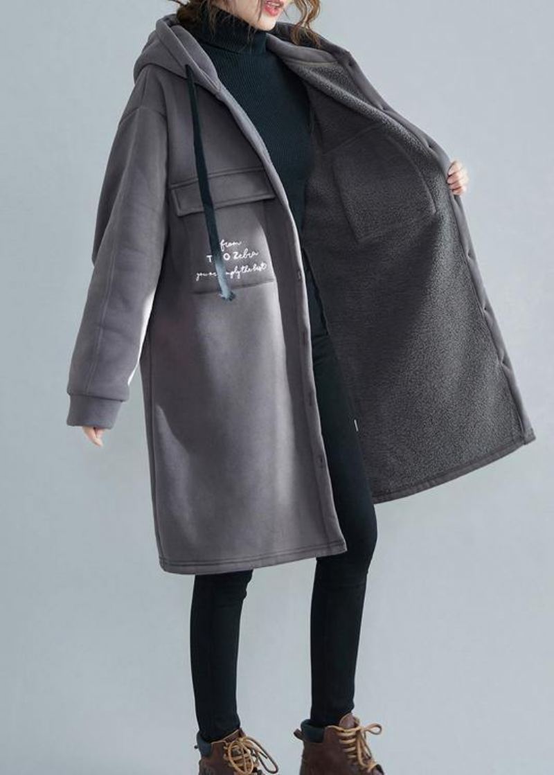 Parka Avec Broderie Fine Grise Pour Femme Veste D'hiver Surdimensionnée Poches À Capuche Vêtements D'extérieur - Gris