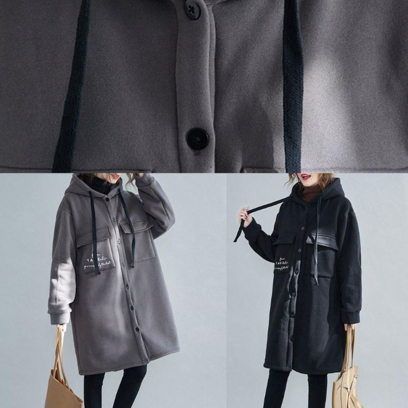 Parka Avec Broderie Fine Grise Pour Femme Veste D'hiver Surdimensionnée Poches À Capuche Vêtements D'extérieur - Gris