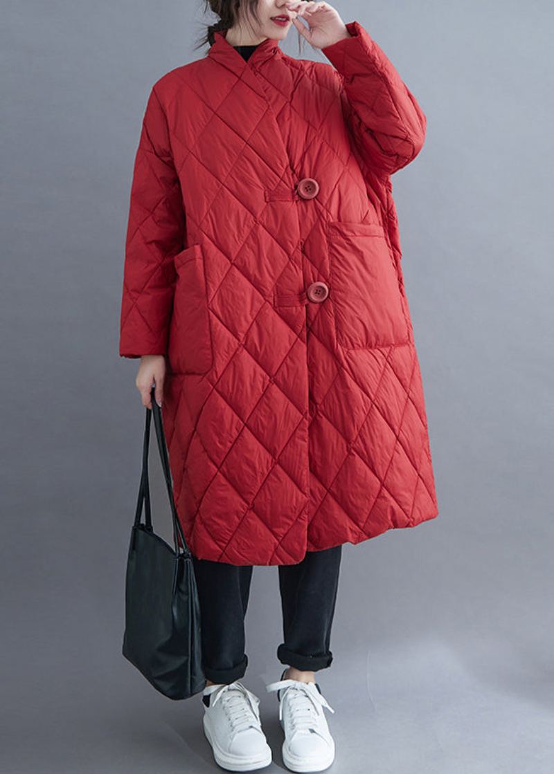 Parka Longue En Coton Avec Poches Boutonnées Rouges Grande Taille Remplie De Hiver