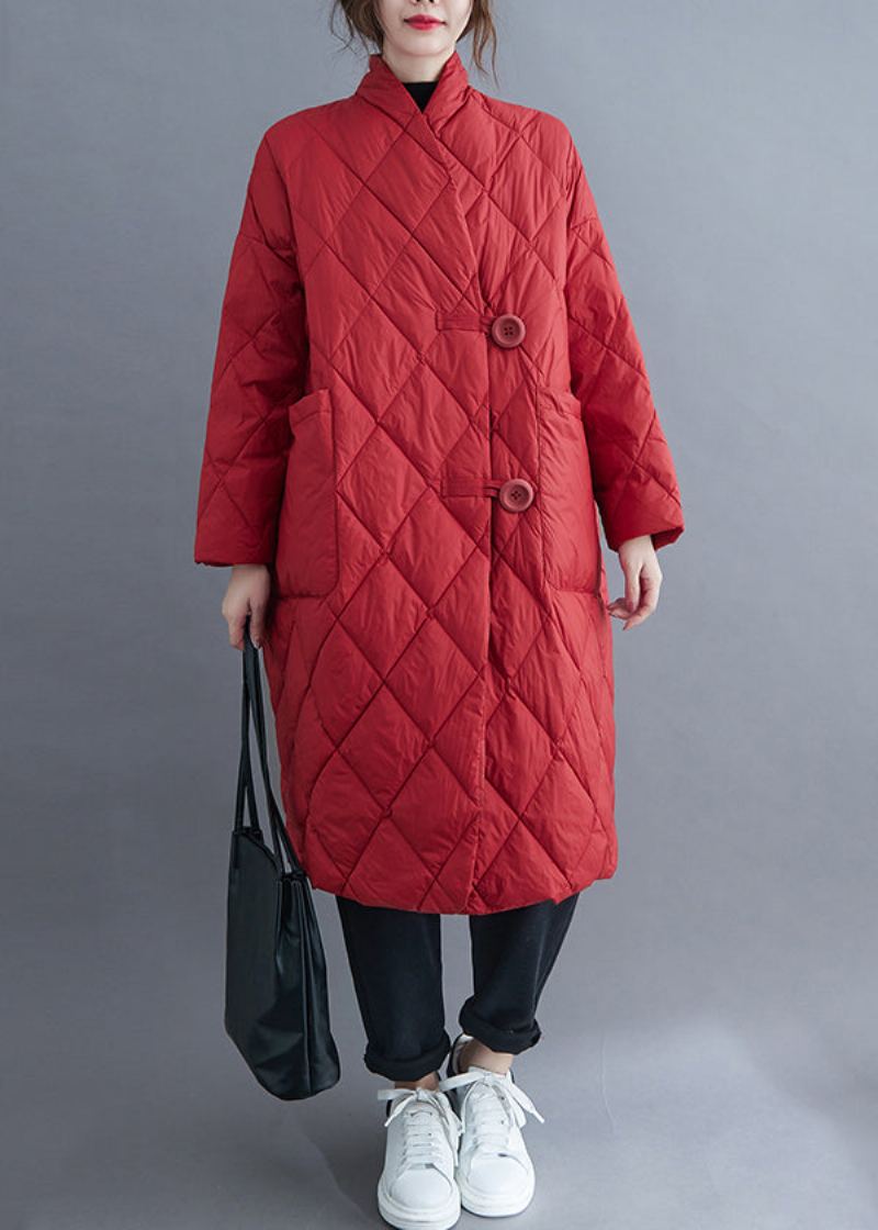 Parka Longue En Coton Avec Poches Boutonnées Rouges Grande Taille Remplie De Hiver - Manteaux d'hiver femmes