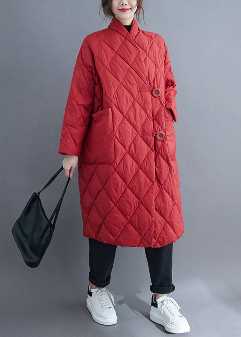 Parka Longue En Coton Avec Poches Boutonnées Rouges Grande Taille Remplie De Hiver - Manteaux d'hiver femmes