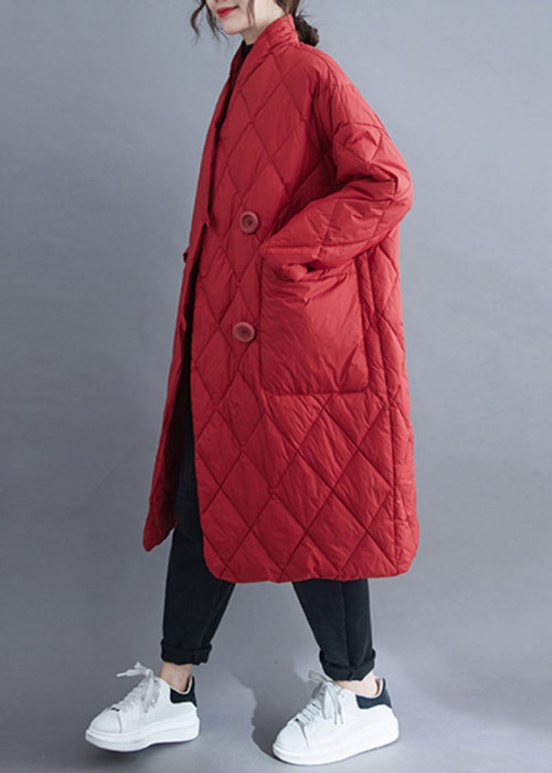 Parka Longue En Coton Avec Poches Boutonnées Rouges Grande Taille Remplie De Hiver - Manteaux d'hiver femmes