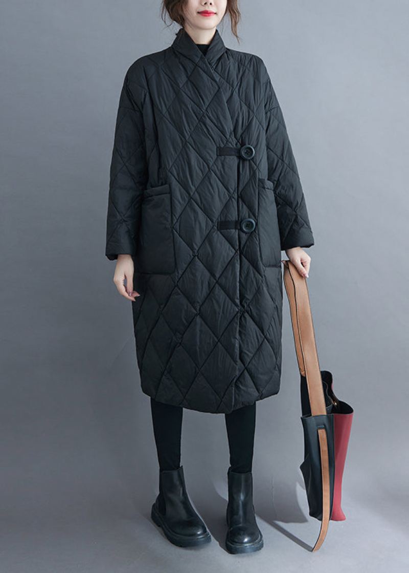 Parka Longue Noire Avec Poches Et Patchwork En Coton Col En V Manches Longues