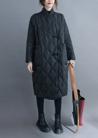 Parka Longue Noire Avec Poches Et Patchwork En Coton Col En V Manches Longues