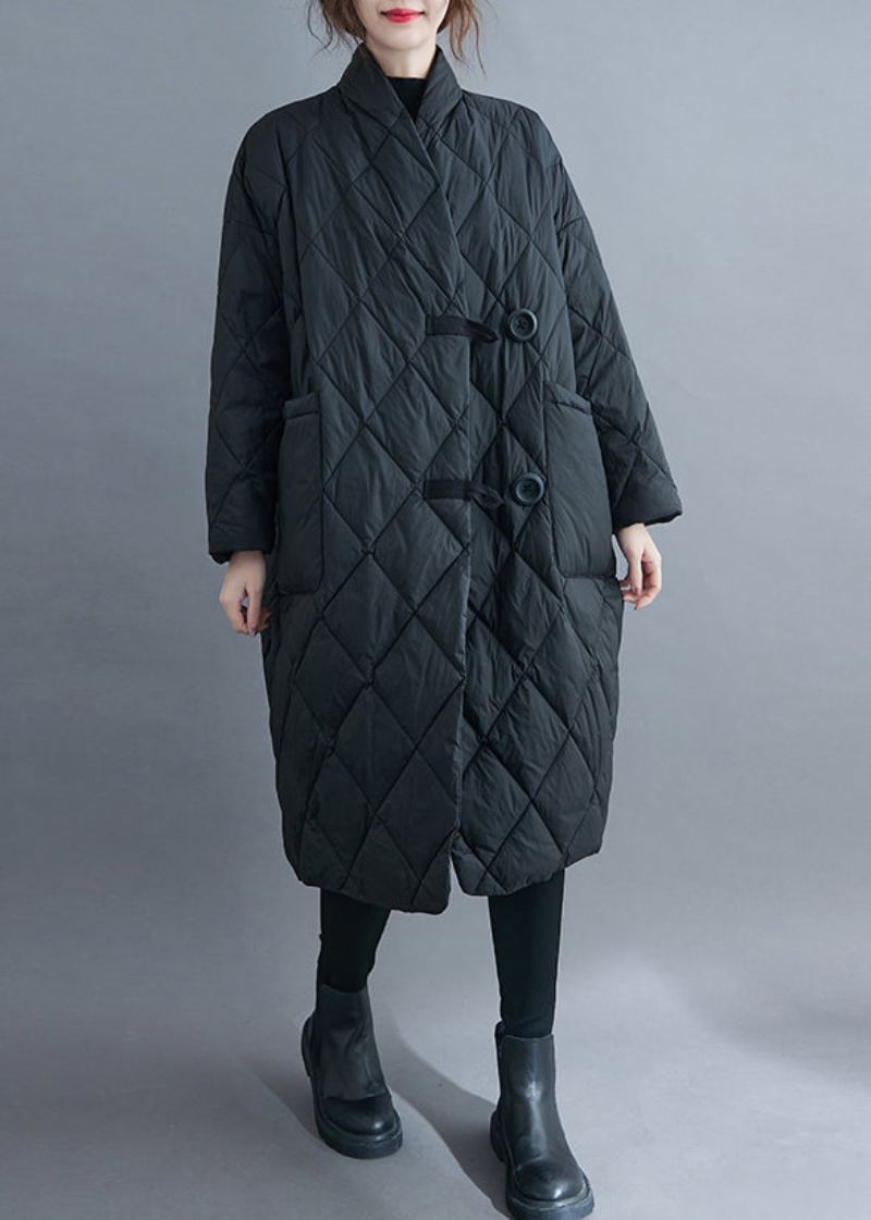 Parka Longue Noire Avec Poches Et Patchwork En Coton Col En V Manches Longues - Manteaux d'hiver femmes