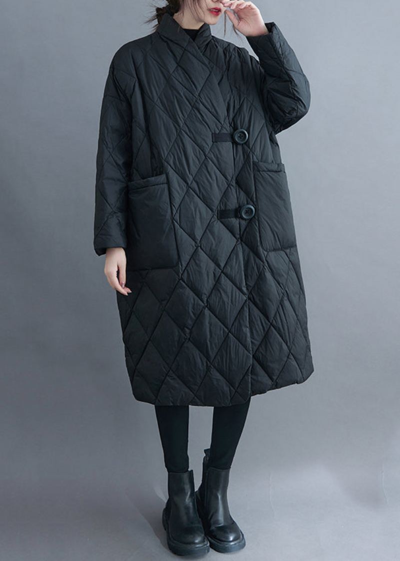 Parka Longue Noire Avec Poches Et Patchwork En Coton Col En V Manches Longues - Manteaux d'hiver femmes