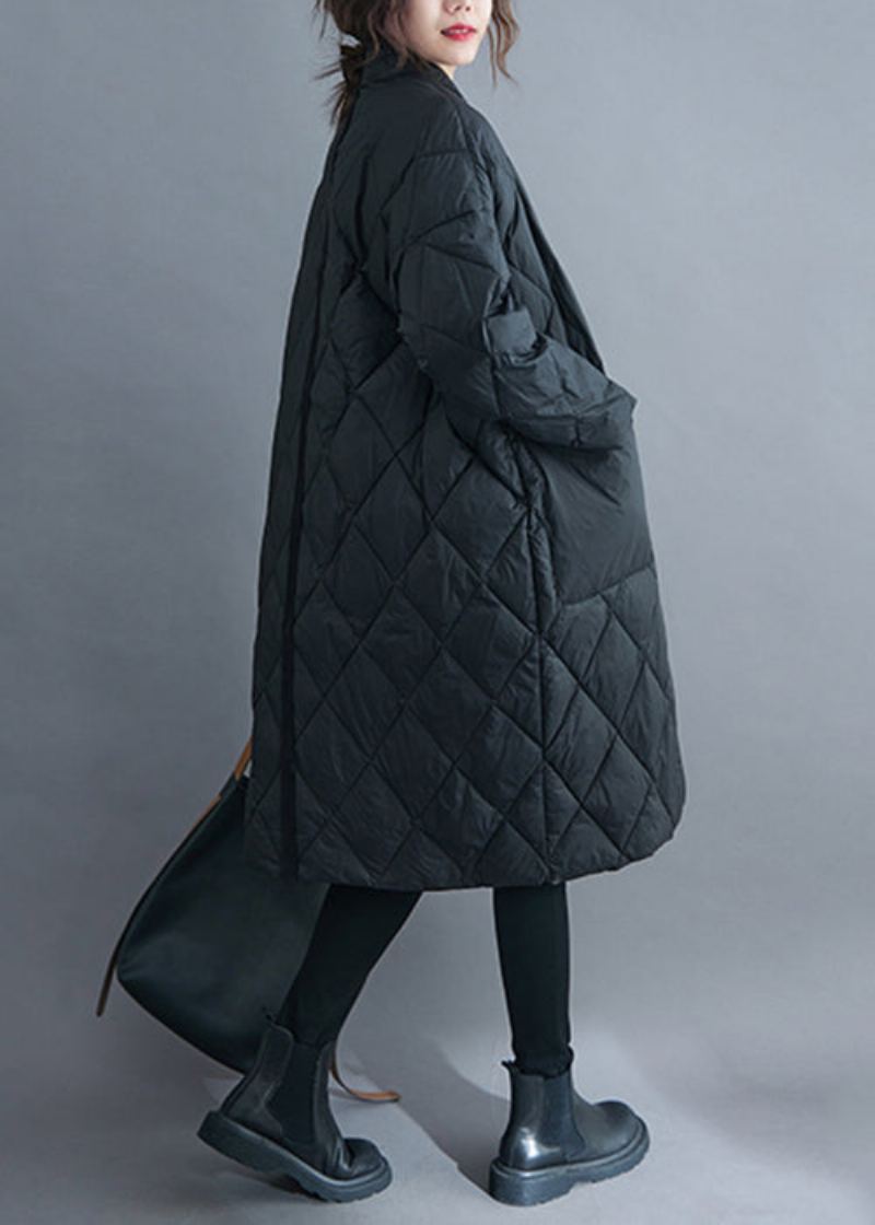 Parka Longue Noire Avec Poches Et Patchwork En Coton Col En V Manches Longues - Manteaux d'hiver femmes