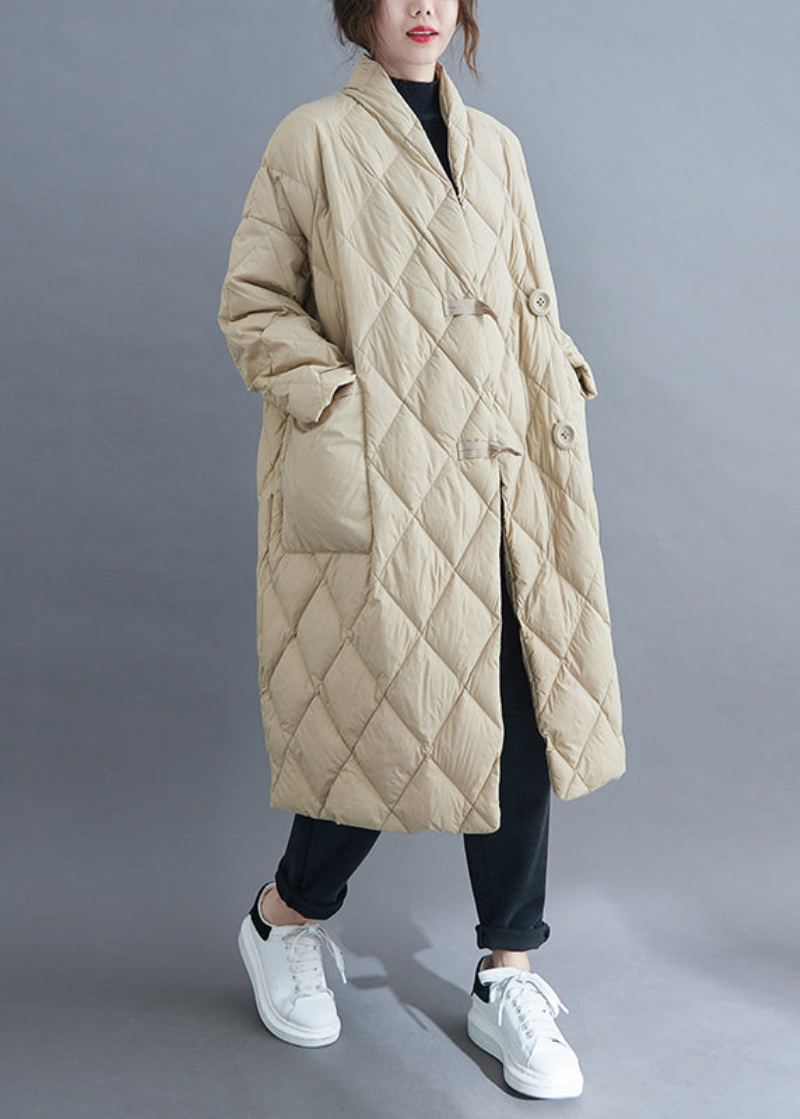 Parka Longue Rembourrée En Coton Beige Français Col En V Poches Boutonnées Hiver