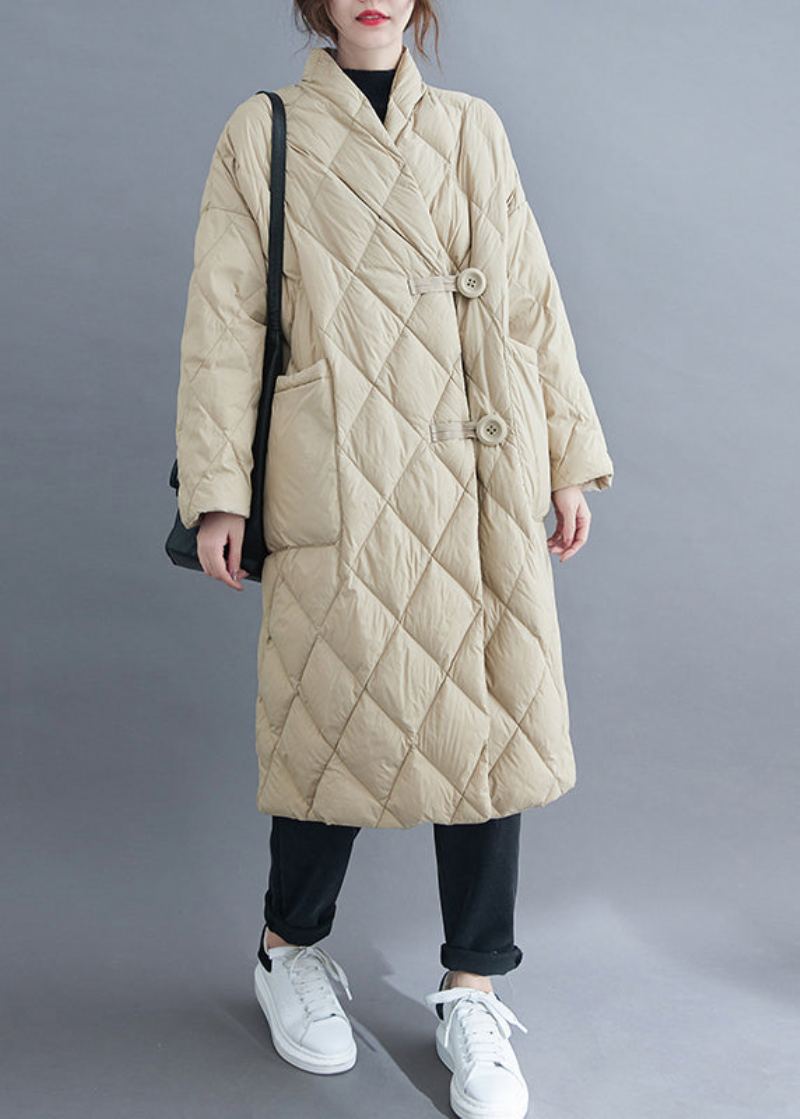 Parka Longue Rembourrée En Coton Beige Français Col En V Poches Boutonnées Hiver - Manteaux d'hiver femmes