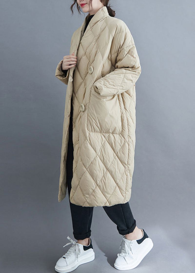 Parka Longue Rembourrée En Coton Beige Français Col En V Poches Boutonnées Hiver - Manteaux d'hiver femmes