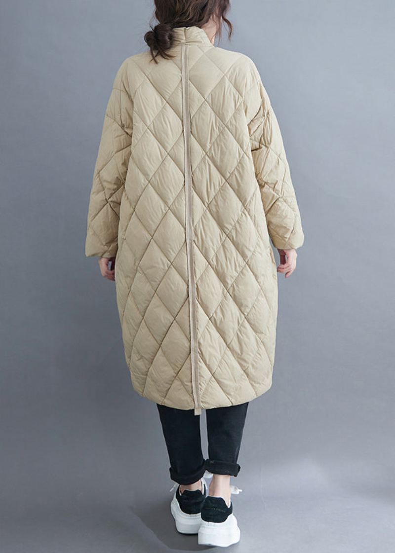 Parka Longue Rembourrée En Coton Beige Français Col En V Poches Boutonnées Hiver - Manteaux d'hiver femmes