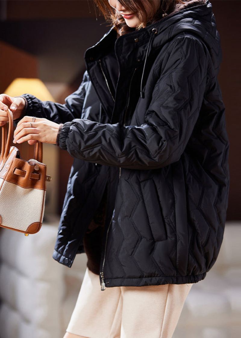 Parka Noire À Capuche Et Poches Zippées Remplie De Coton Manches Longues