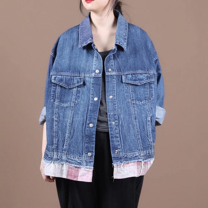 Patchwork De Revers Français Vêtements D'automne Fins Pour Femmes Robes Bleues En Denim Manteaux - Manteaux d'hiver femmes