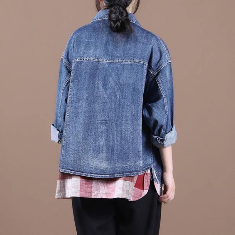 Patchwork De Revers Français Vêtements D'automne Fins Pour Femmes Robes Bleues En Denim Manteaux - Manteaux d'hiver femmes