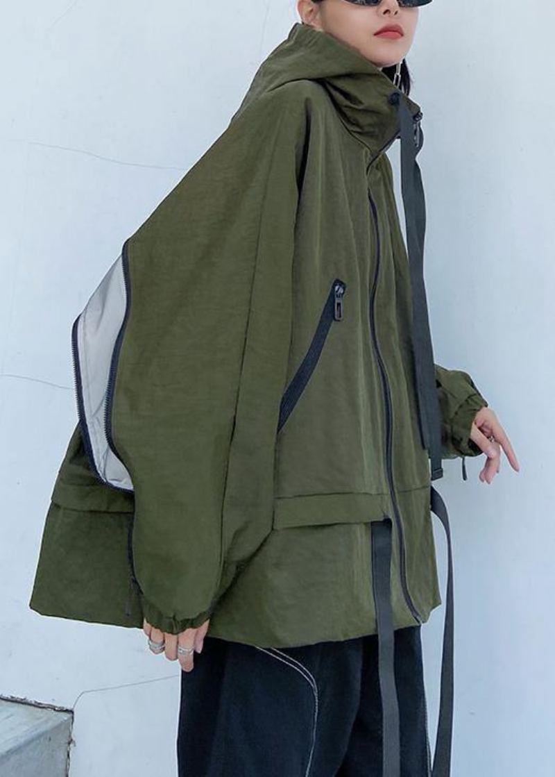 Poches À Capuche Uniques Manteau D'automne À La Mode Baggy Vert Armée