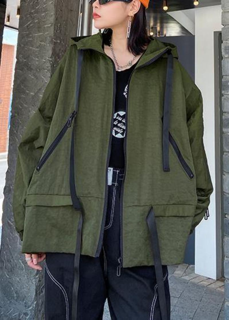 Poches À Capuche Uniques Manteau D'automne À La Mode Baggy Vert Armée - Vert Armée