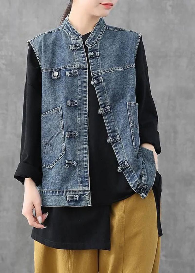 Rétro Bleu Clair Col Rond Patchwork Bouton Poches Coton Denim Gilet Sans Manches