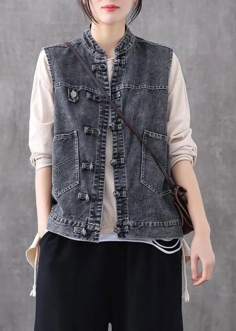 Rétro Bleu Clair Col Rond Patchwork Bouton Poches Coton Denim Gilet Sans Manches - Bleu Clair 