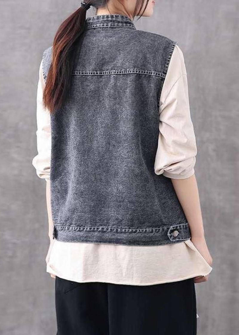 Rétro Bleu Clair Col Rond Patchwork Bouton Poches Coton Denim Gilet Sans Manches - Bleu Clair 