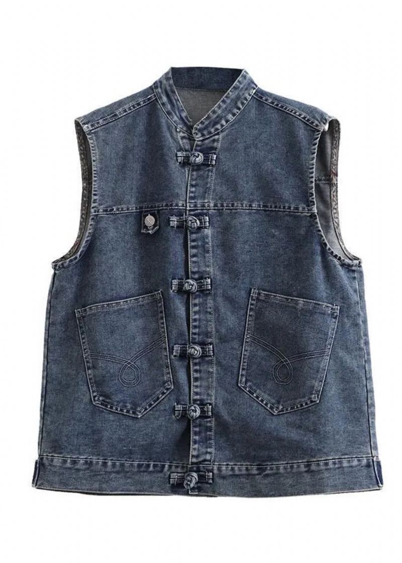 Rétro Bleu Clair Col Rond Patchwork Bouton Poches Coton Denim Gilet Sans Manches - Bleu Clair 