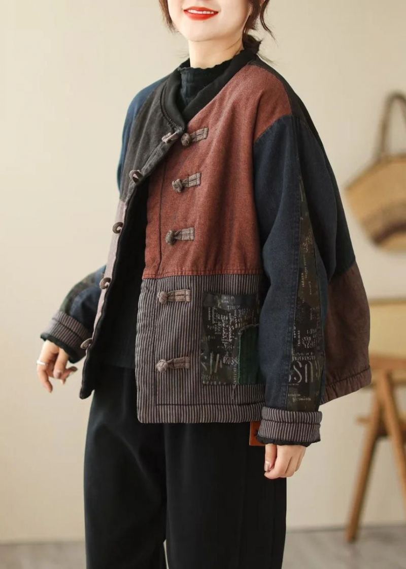 Rétro Bleu Oriental Bouton Patchwork Applique Fine Coton Rempli Manteau Vêtements D'extérieur Hiver - Manteaux d'hiver femmes