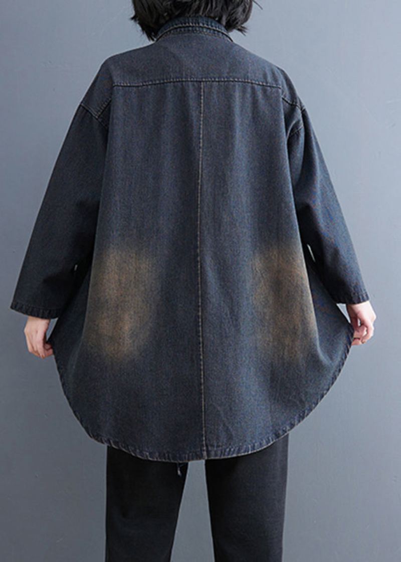 Rétro Datrk Bleu Col Claudine Bouton Patchwork Denim Manteaux À Manches Longues - Manteaux d'hiver femmes