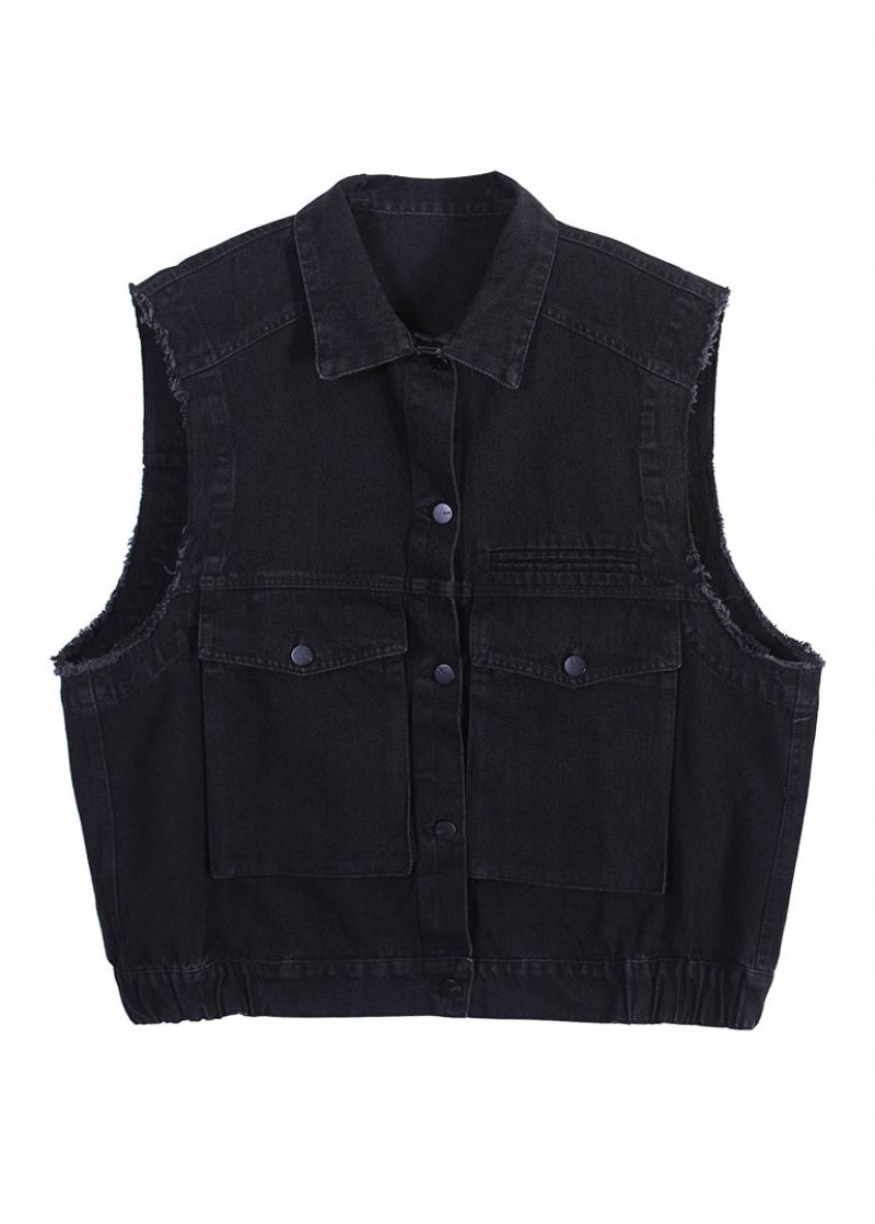 Rétro Noir Col Claudine Patchwork Bouton Denim Gilet Automne - Manteaux d'hiver femmes