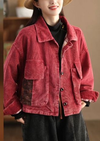 Rétro Rouge Col Claudine Poches Patchwork Bouton Manteau En Velours Côtelé À Manches Longues