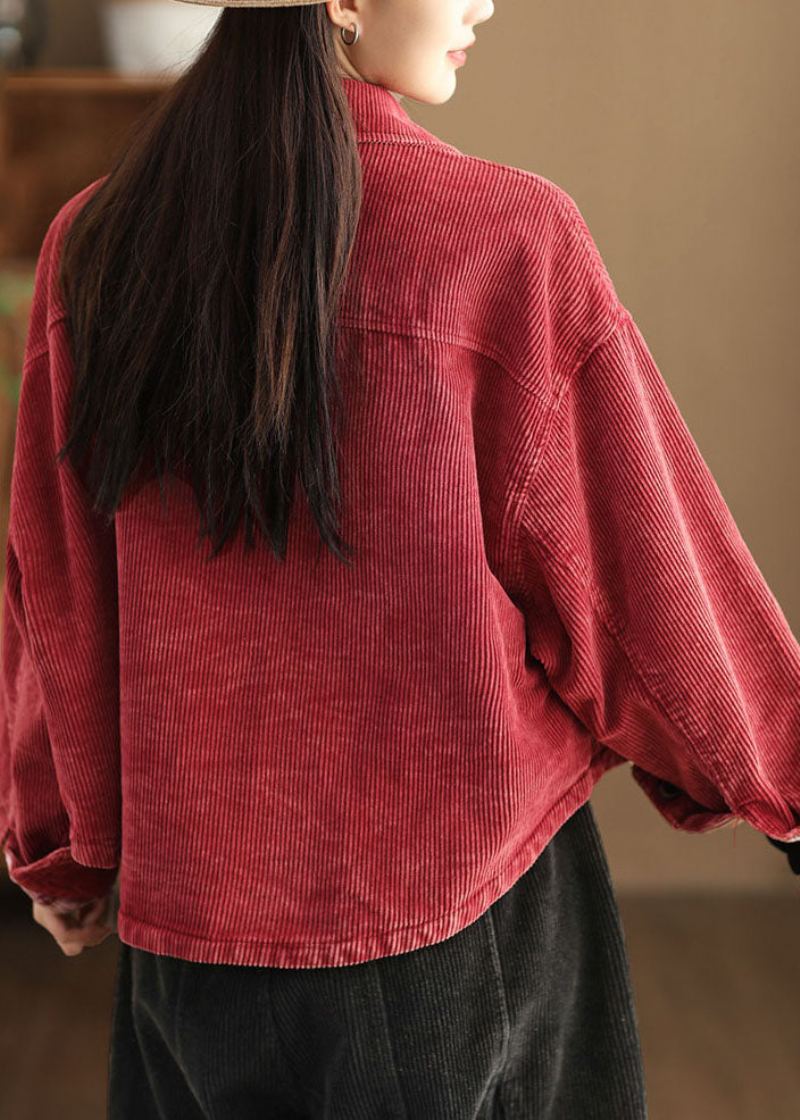 Rétro Rouge Col Claudine Poches Patchwork Bouton Manteau En Velours Côtelé À Manches Longues - Rouge