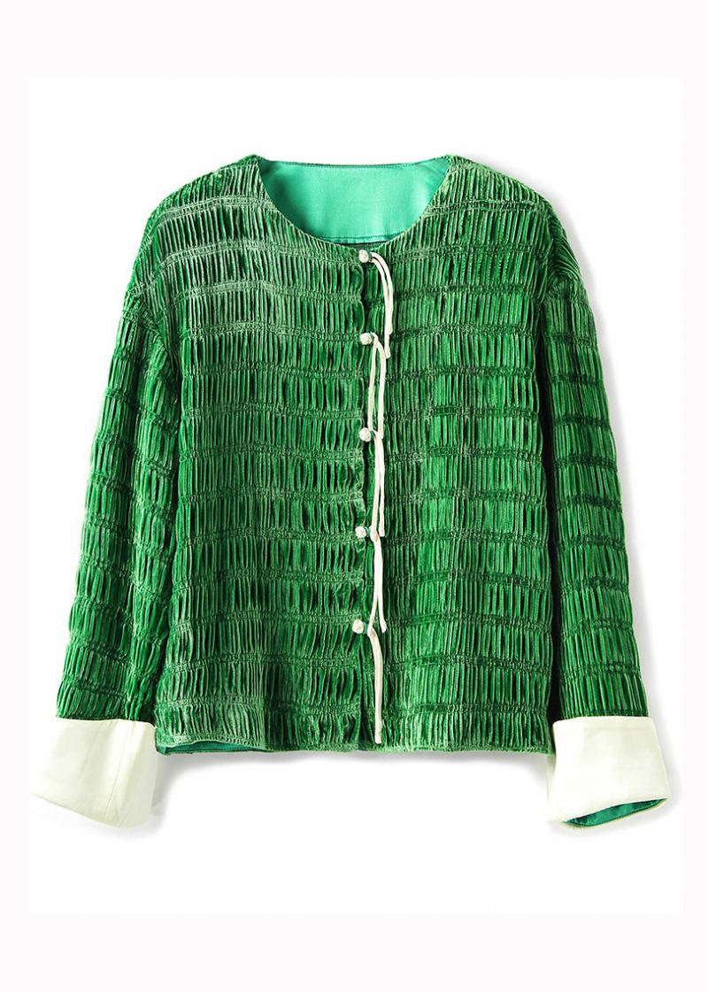 Rétro Vert Glands Froissé Patchwork Soie Velours Manteaux Automne - Manteaux d'hiver femmes