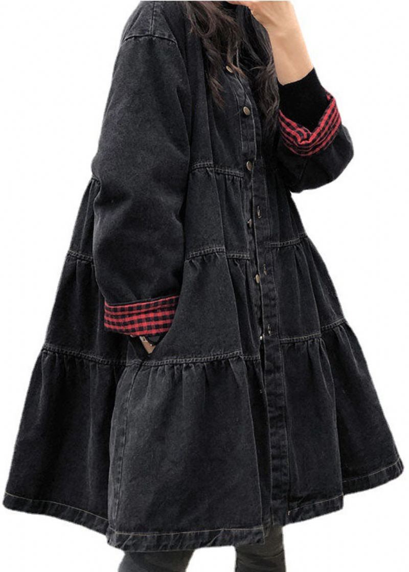 Robe Trench-coat Noire Chic Avec Boutons Amples Et Patchwork D'automne - Manteaux d'hiver femmes