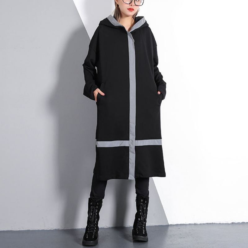 Robe De Voyage Noire Élégante Grande Taille Avec Poches Fines À Capuche En Coton Mélangé