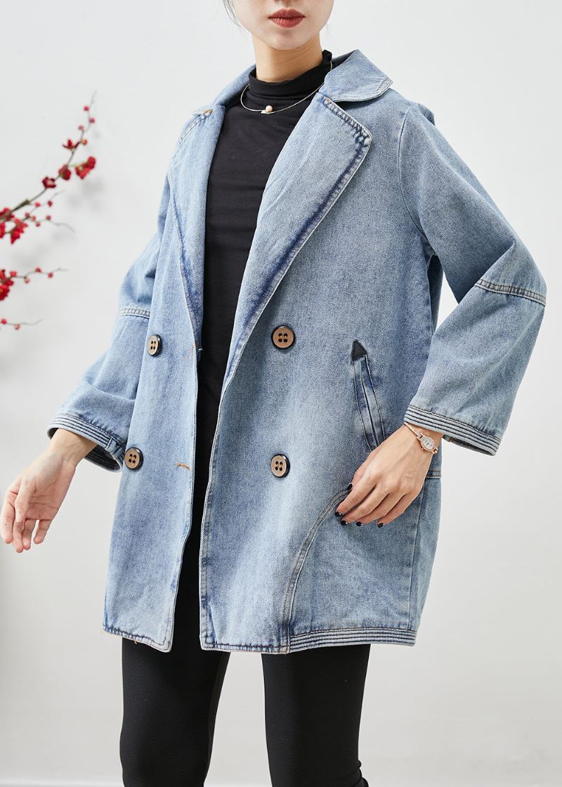 Simple Bleu Clair Double Boutonnage Patchwork Vestes En Jean Automne - Manteaux d'hiver femmes