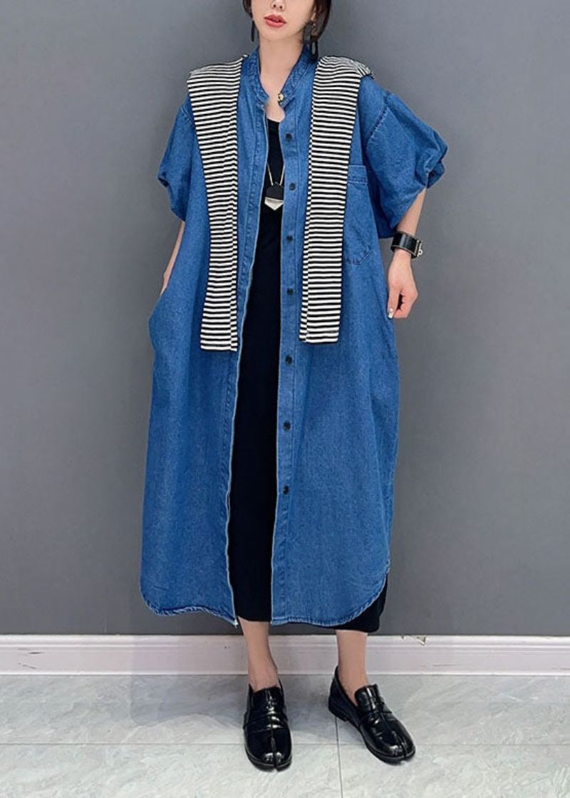 Simple Bleu Foncé Poches Bouton Patchwork Denim Longs Manteaux Été - Manteaux d'hiver femmes