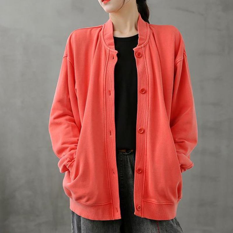 Simple Col Montant Boutonné Hauts Femmes Blouses Tenues De Travail Haut Rouge - Rose