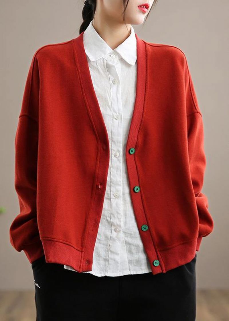 Simple Col En V Boutonné Printemps Rouge Outwear