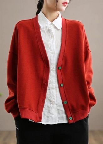 Simple Col En V Boutonné Printemps Rouge Outwear