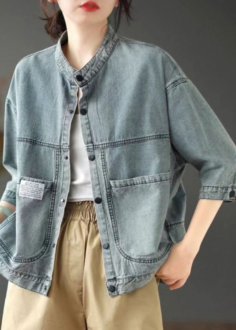 Simple Denim Bleu Col Montant Poches Patchwork Bouton Veste Printemps