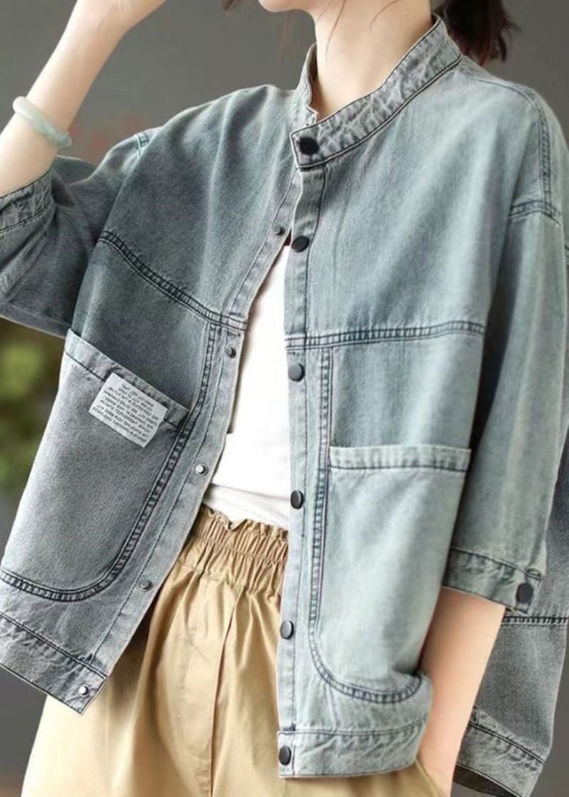 Simple Denim Bleu Col Montant Poches Patchwork Bouton Veste Printemps - Manteaux d'hiver femmes