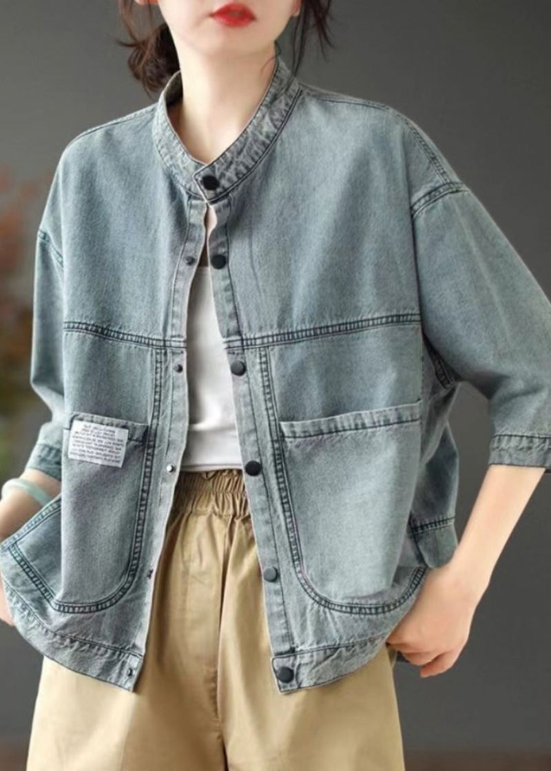 Simple Denim Bleu Col Montant Poches Patchwork Bouton Veste Printemps - Manteaux d'hiver femmes