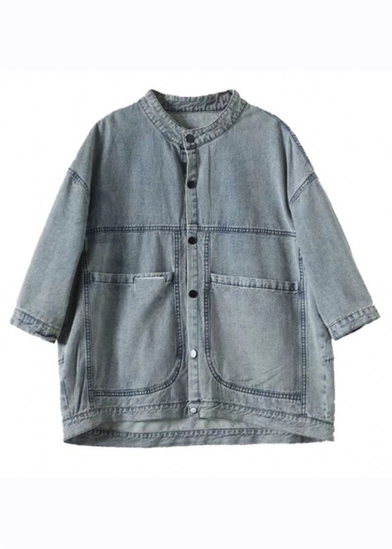 Simple Denim Bleu Col Montant Poches Patchwork Bouton Veste Printemps - Manteaux d'hiver femmes