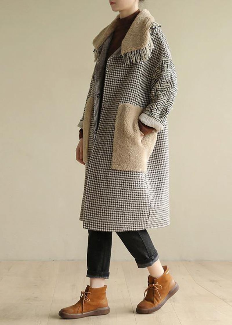 Simple Grandes Poches Grande Taille Patchwork Boîte Manteau À Carreaux Vêtements D'extérieur Quotidiens - Manteaux d'hiver femmes