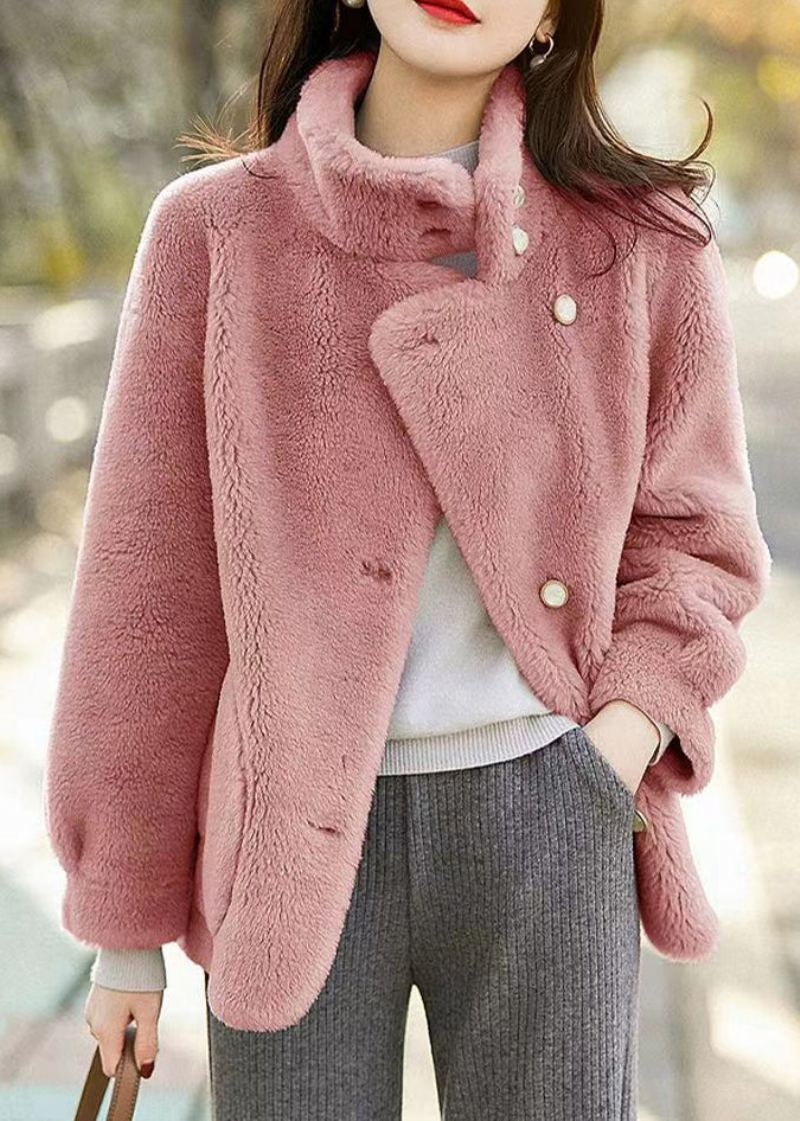 Simple Rose Col Montant Poches Patchwork Vestes En Laine Hiver