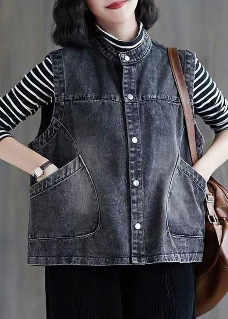 Slip Bleu Foncé Patchwork Bouton Denim Gilet Sans Manches - Bleu Foncé