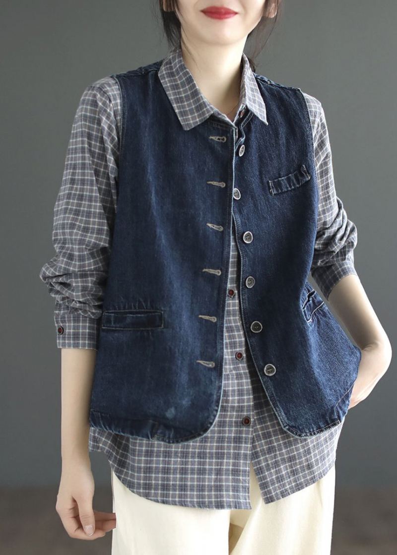 Slip Denin Bleu Poches Patchwork Denim Gilet Sans Manches