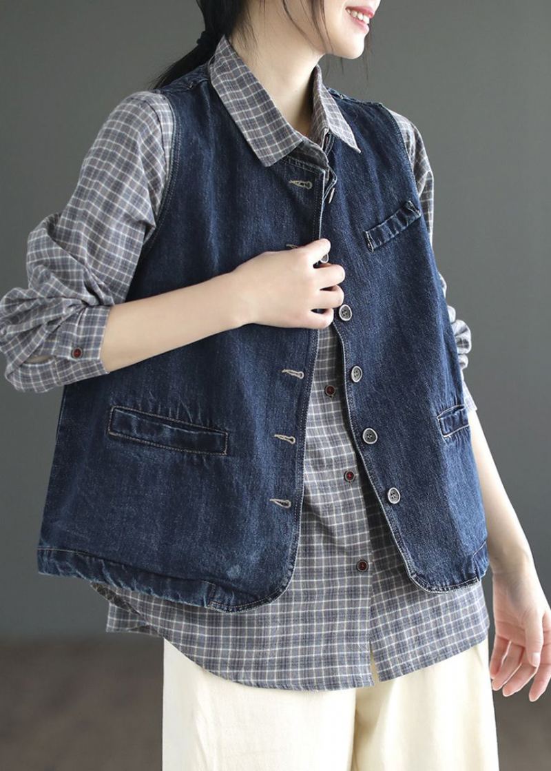 Slip Denin Bleu Poches Patchwork Denim Gilet Sans Manches - Bleu Foncé