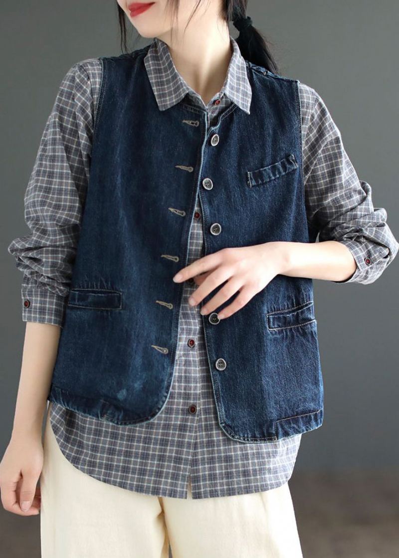 Slip Denin Bleu Poches Patchwork Denim Gilet Sans Manches - Bleu Foncé