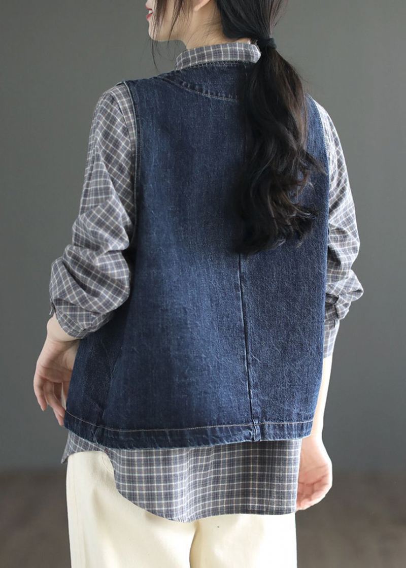 Slip Denin Bleu Poches Patchwork Denim Gilet Sans Manches - Bleu Foncé